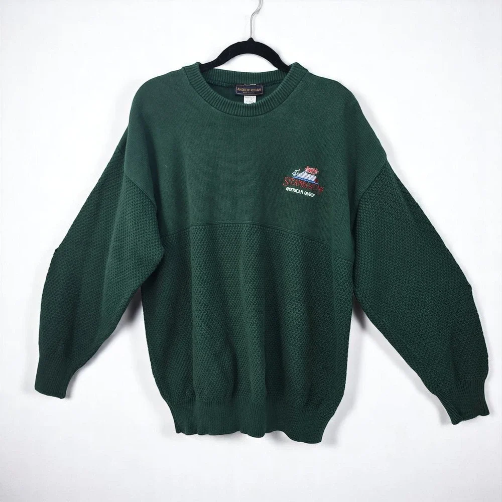 VTG Andrew Rohan Steamboatin American Queen Knit Sweater Men XL Textured‎ Green
